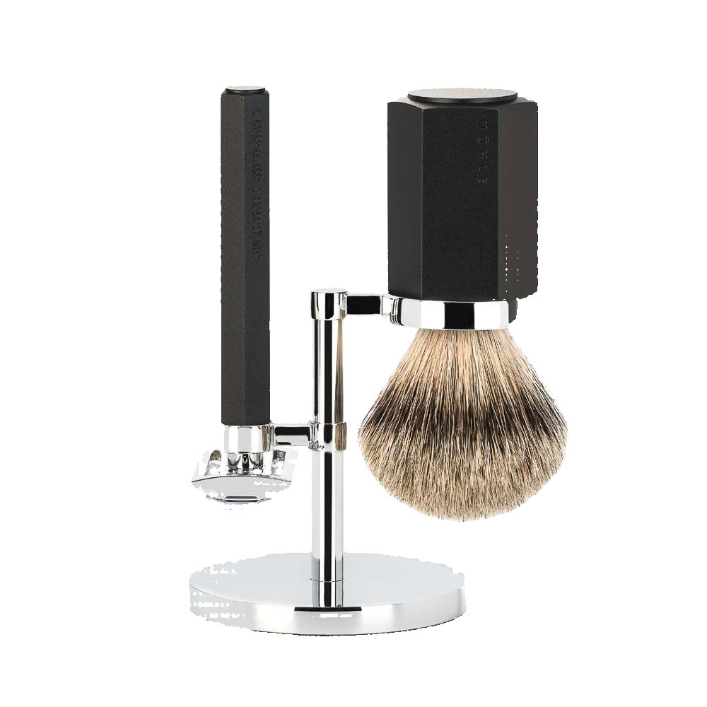 MÜHLE HEXAGON 3 Pc. Shaving Set, Silvertip Badger Brush & Safety Razor, Graphite - Image 5