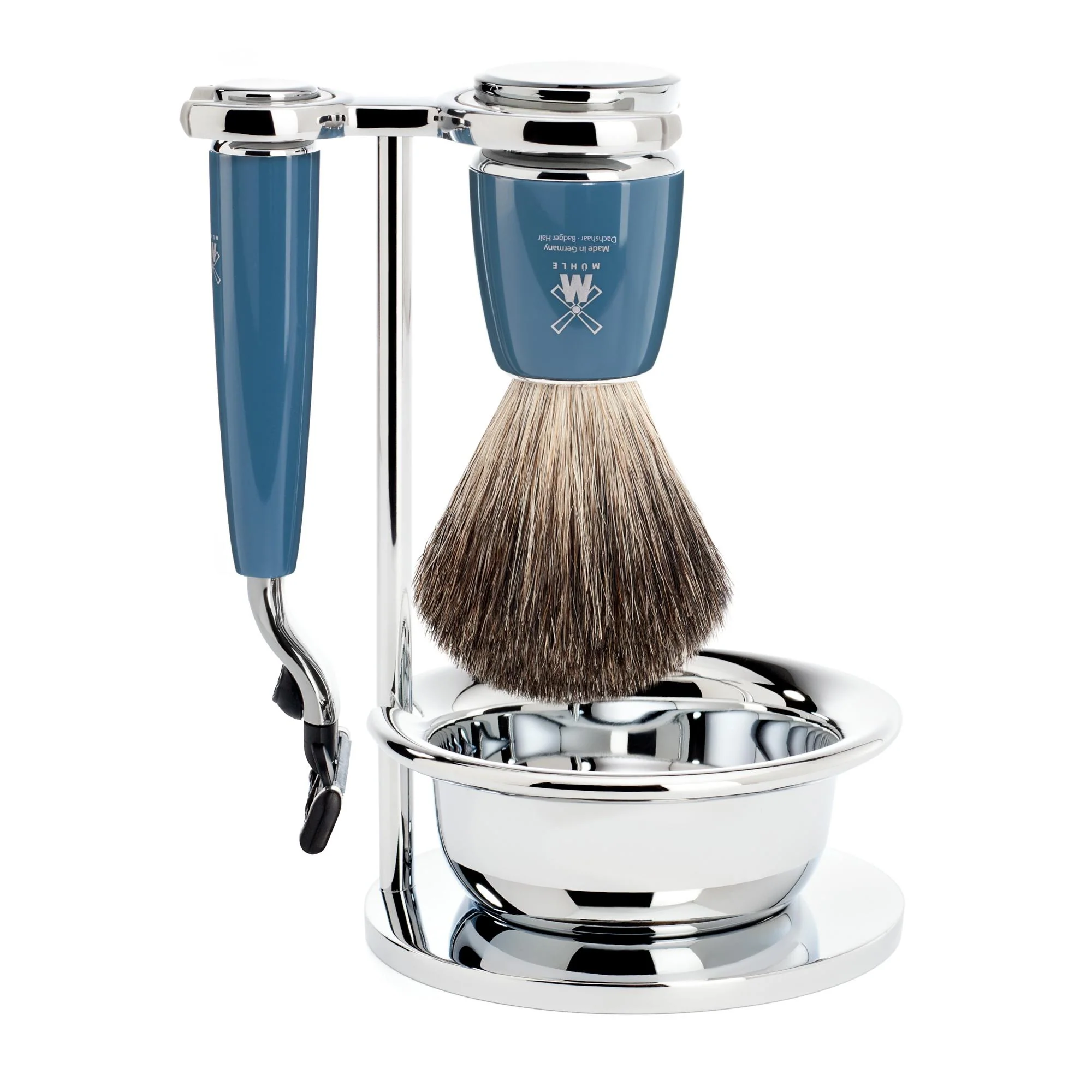 MÜHLE RYTMO 4 Pc. Shaving Set, Pure Badger Brush & Gillette® Mach3® Razor, Petrol