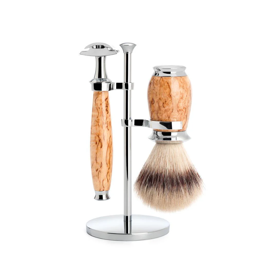 MÜHLE PURIST 3 Pc. Shaving Set, Silvertip Fibre® Brush & Safety Razor, Karelian Masur Birch