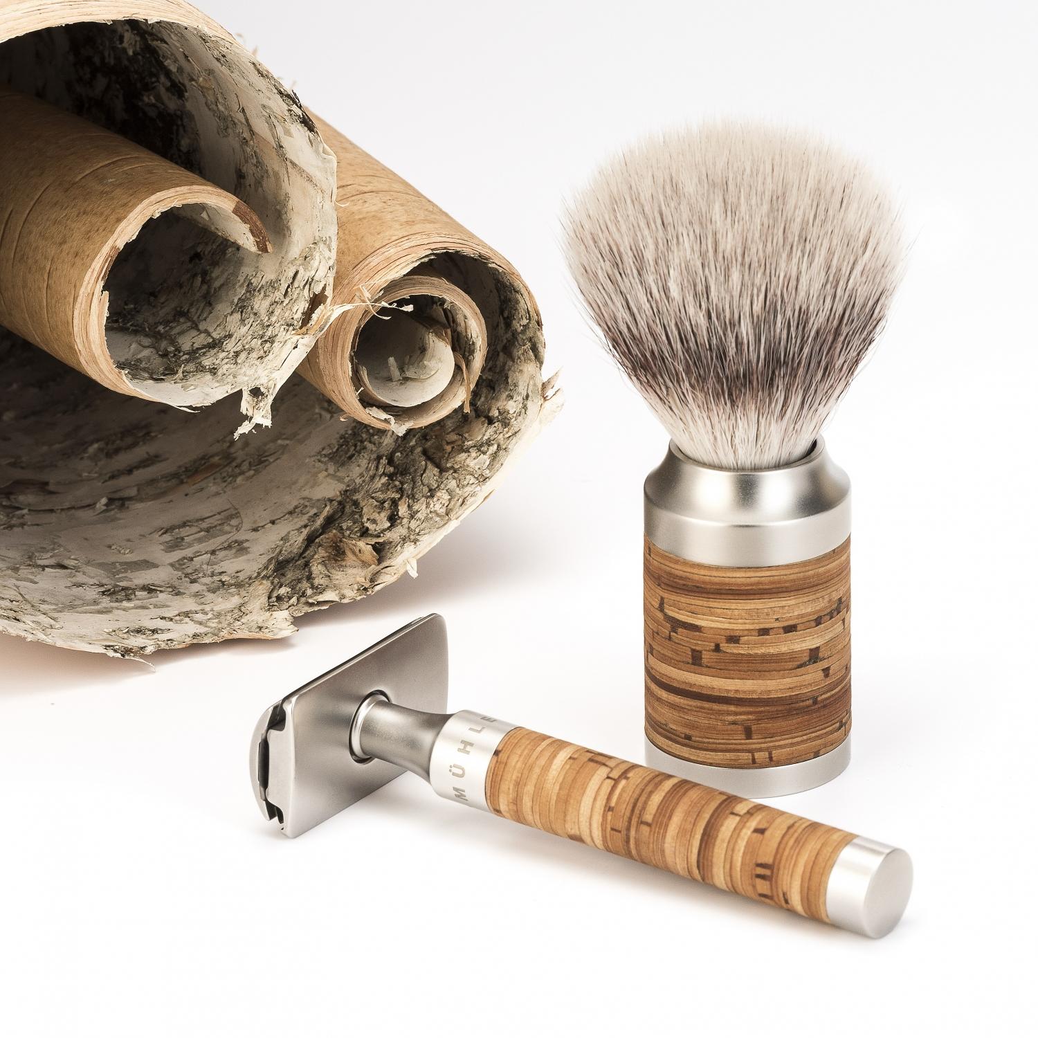 MÜHLE ROCCA 3 Pc. Shaving Set, Silvertip Badger Brush & Safety Razor, Stainless Steel, Birch Bark - Image 3