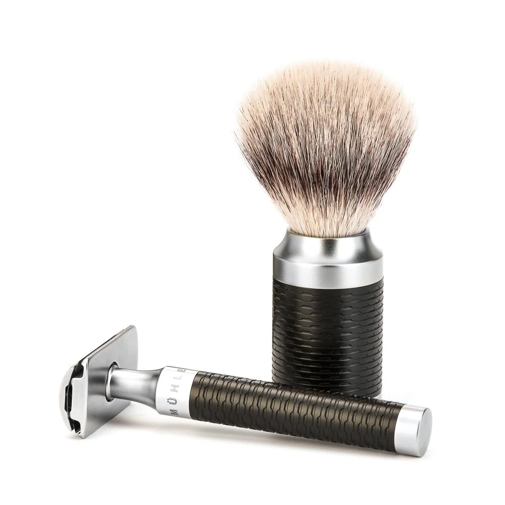 MÜHLE ROCCA 3 Pc. Shaving Set, Silvertip Fibre® Brush & Safety Razor, Stainless Steel, Black - Image 3