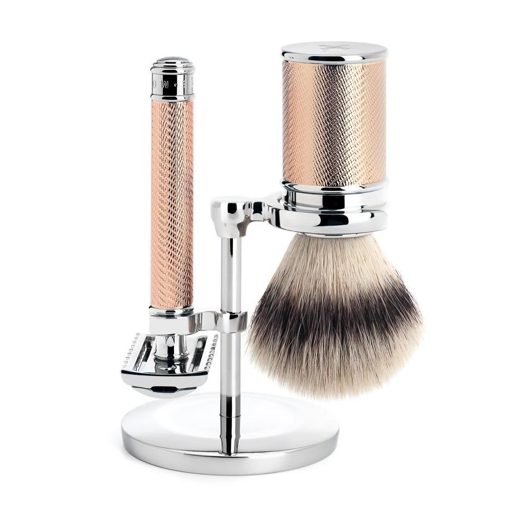 MÜHLE TRADITIONAL 3 Pc. Shaving Set, Silvertip Fibre® Brush & Safety Razor, Rose Gold-Plated Metal, Open Comb