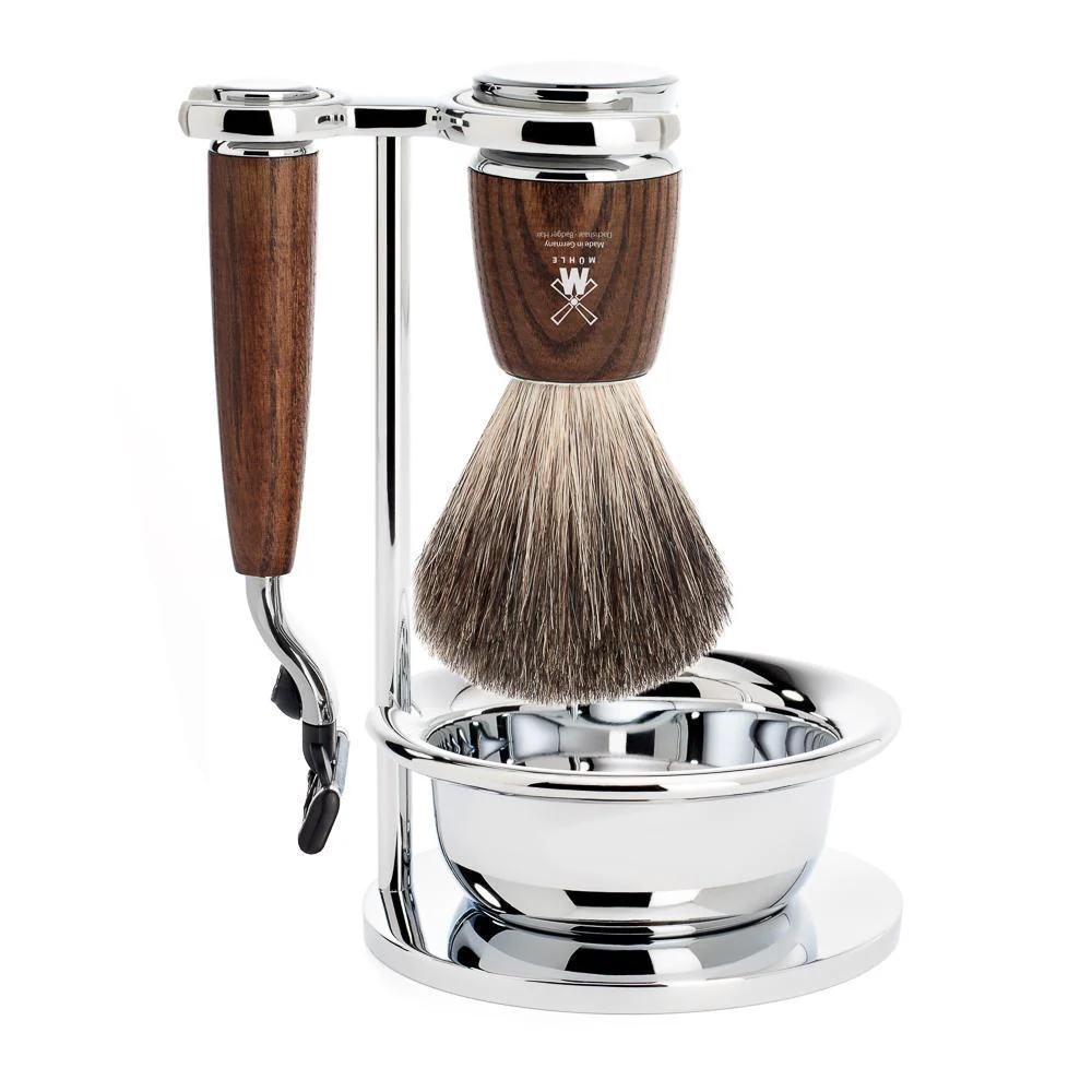 MÜHLE RYTMO 4 Pc. Shaving Set, Pure Badger Brush & Gillette® Mach3® Razor, Steamed Ash