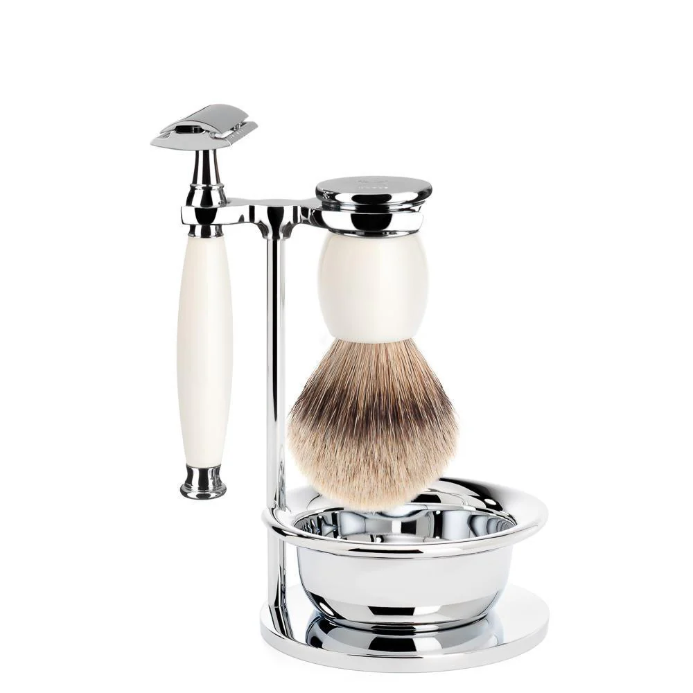 MÜHLE SOPHIST 4 Pc. Shaving Set, Silvertip Badger Brush & Safety Razor, Porcelain