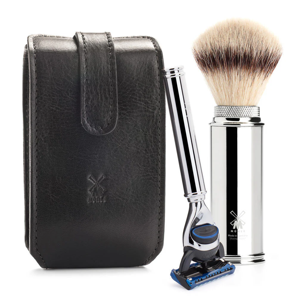 MÜHLE TRAVEL 2 Pc. Shaving Set, Silvertip Fiber® Brush & Gillette® Fusion™ Razor, Florentine Leather Case, Black - Image 3