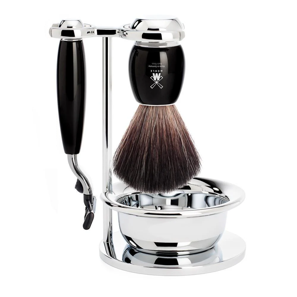 MÜHLE VIVO 4 Pc. Shaving Set, Black Fibre Brush & Gillette® Mach3® Razor, Black
