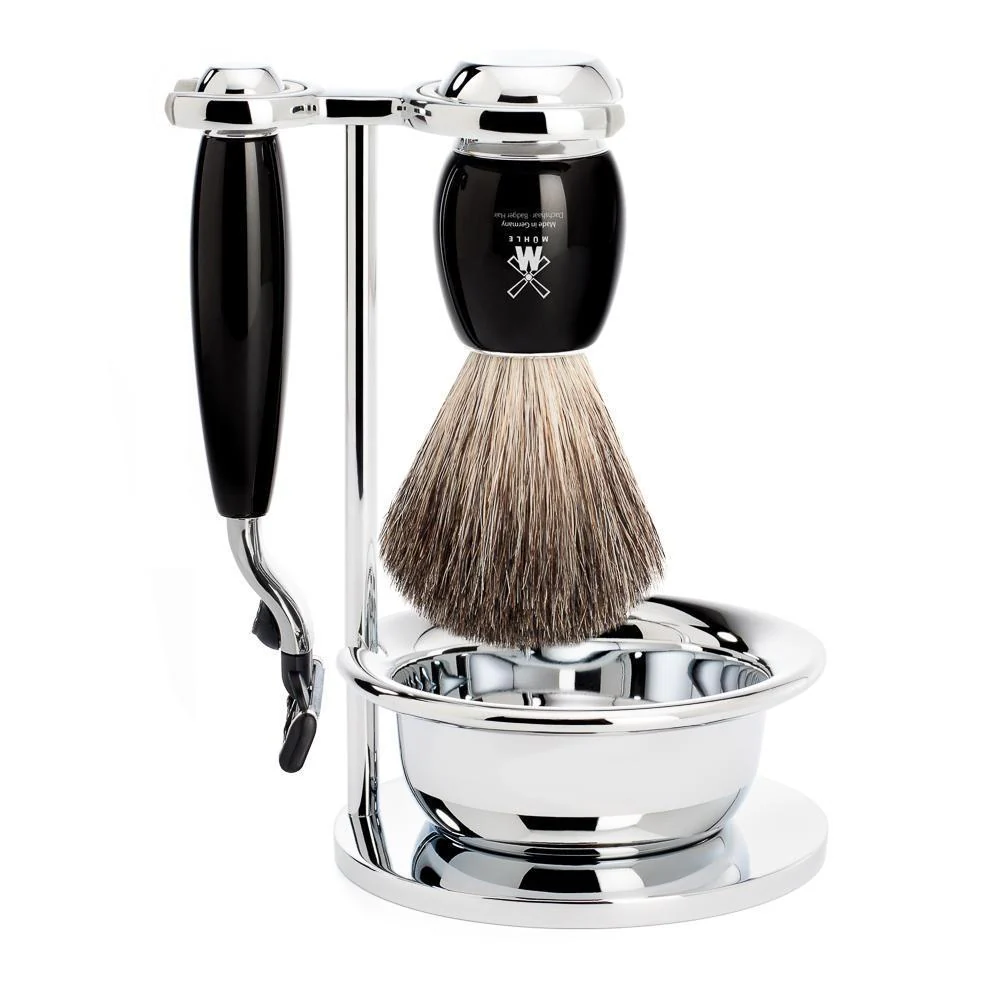 MÜHLE VIVO 4 Pc. Shaving Set, Pure Badger Brush & Gillette® Mach3® Razor, Black
