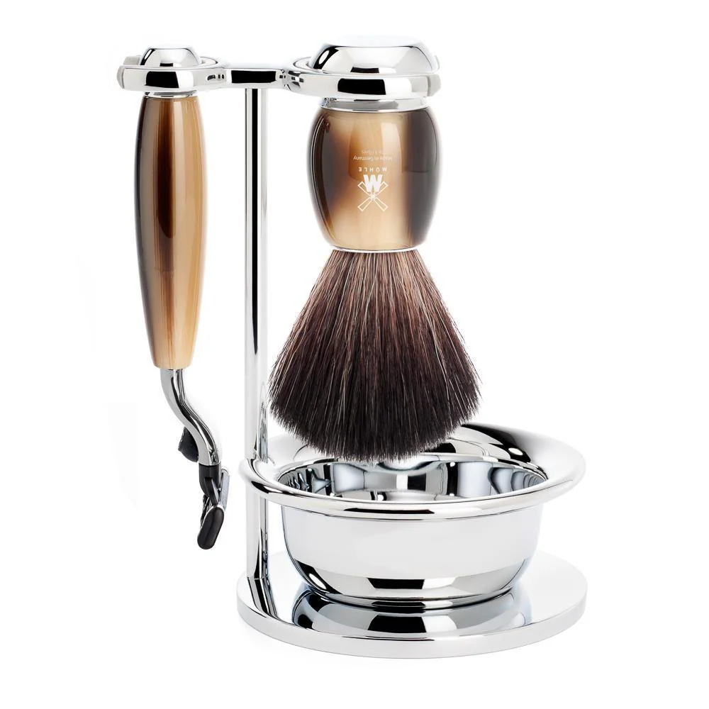 MÜHLE VIVO 4 Pc. Shaving Set, Black Fibre Brush & Gillette® Mach3® Razor, Horn Brown