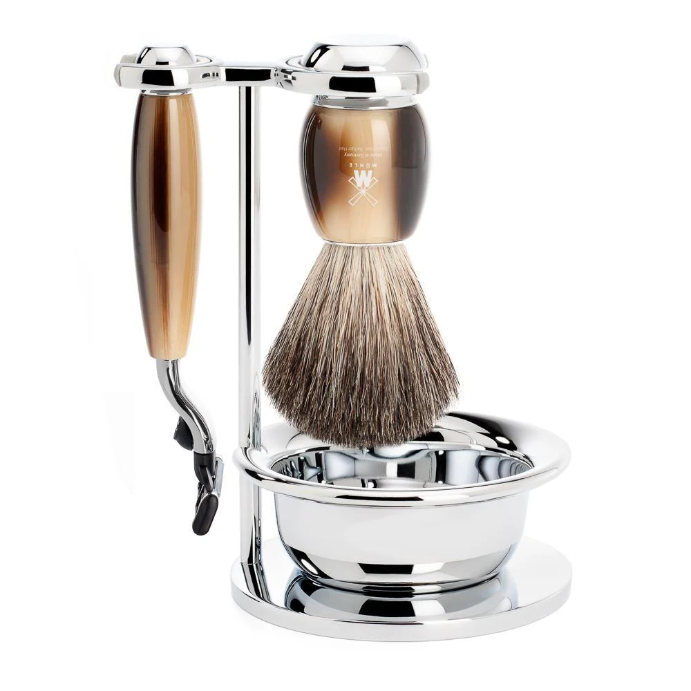 MÜHLE VIVO 4 Pc. Shaving Set, Pure Badger Brush & Gillette® Mach3® Razor, Horn Brown