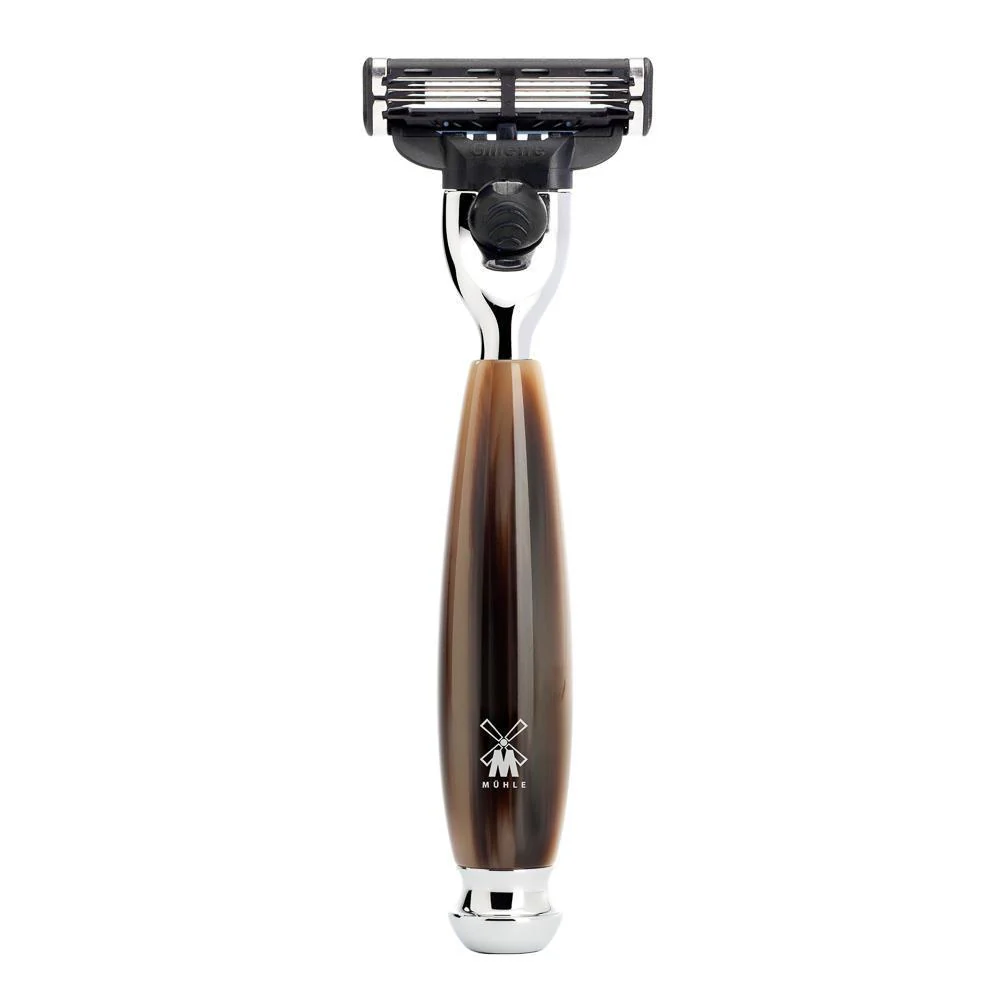 MÜHLE VIVO 4 Pc. Shaving Set, Pure Badger Brush & Gillette® Mach3® Razor, Horn Brown - Image 2