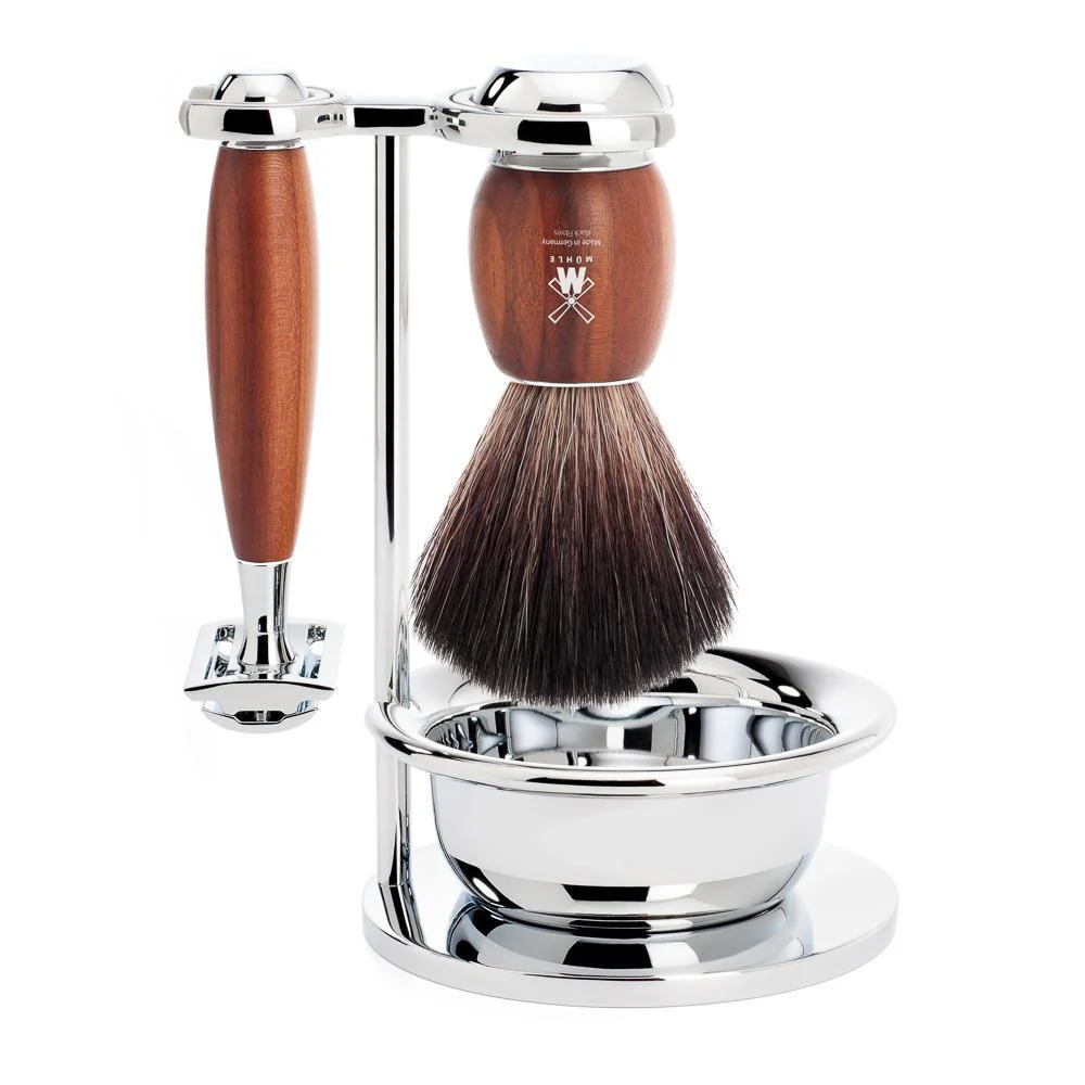 MÜHLE VIVO 4 Pc. Shaving Set, Black Fibre Brush & Safety Razor, Plum Tree
