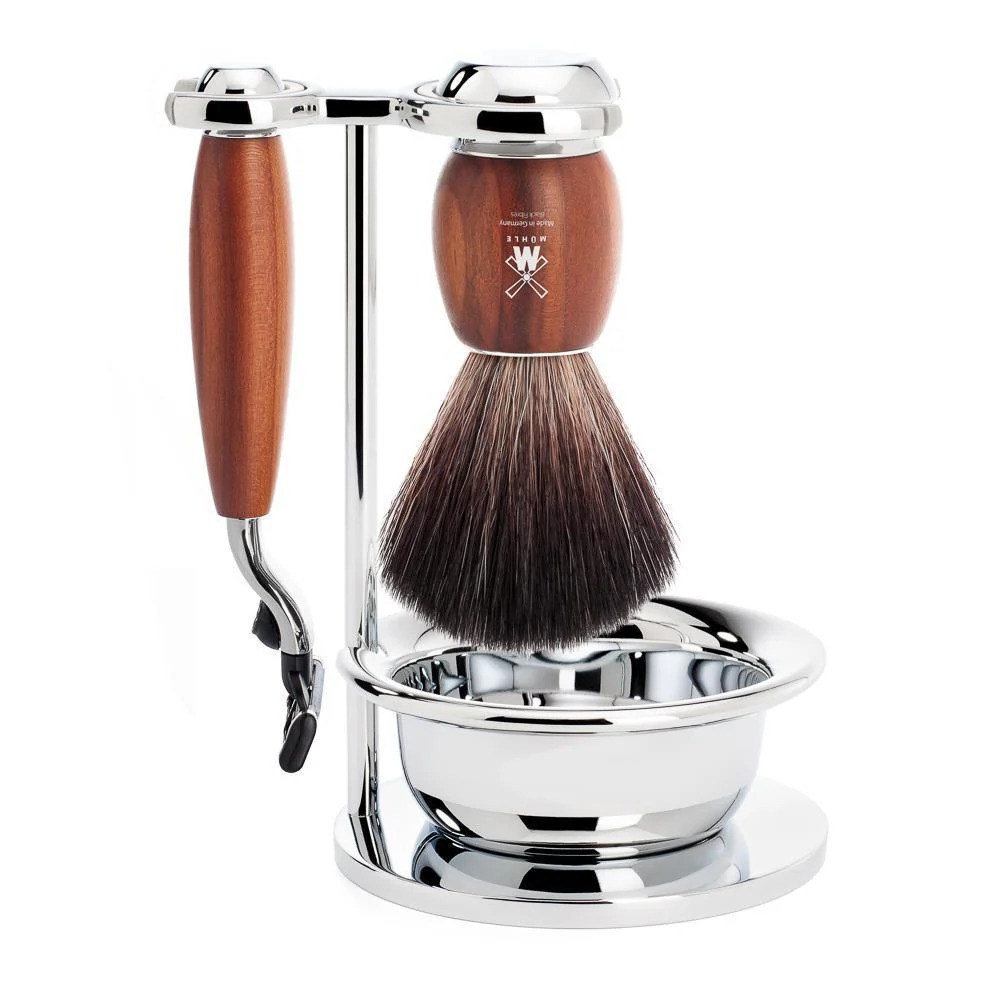 MÜHLE VIVO 4 Pc. Shaving Set, Black Fibre Brush & Gillette® Mach3® Razor, Plum Tree