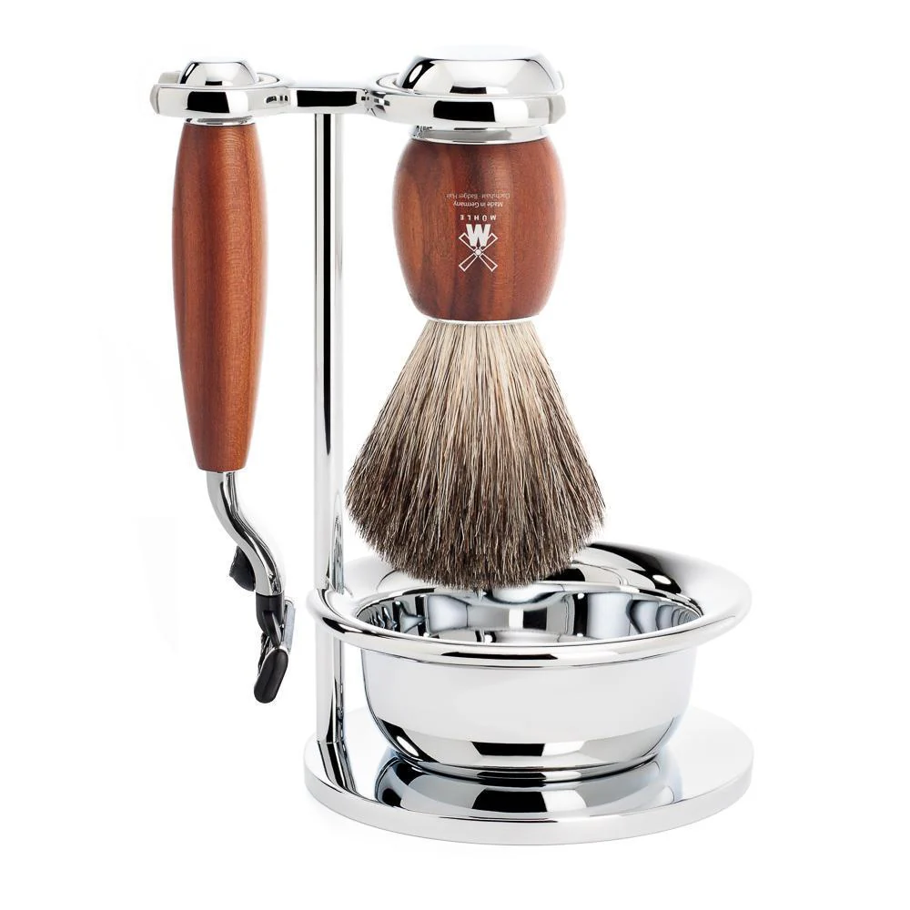 MÜHLE VIVO 4 Pc. Shaving Set, Pure Badger Brush & Gillette® Mach3® Razor, Plum Tree